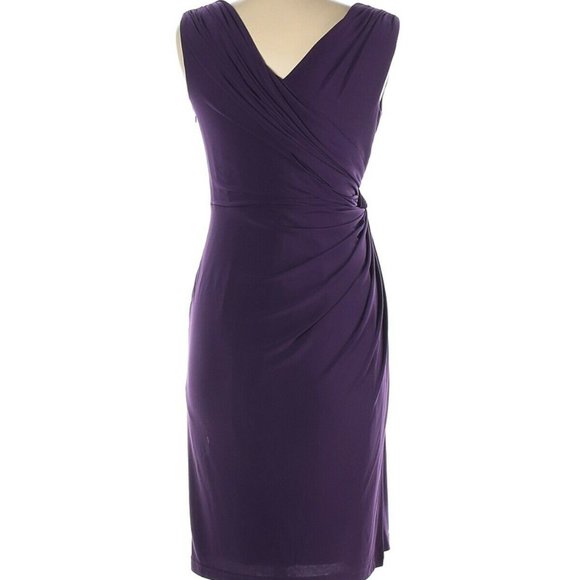 $230 ADRIANNA PAPELL PURPLE V-NECK WRAP SLEEVELESS COCKTAIL DRESS RUCHED - Picture 4 of 4